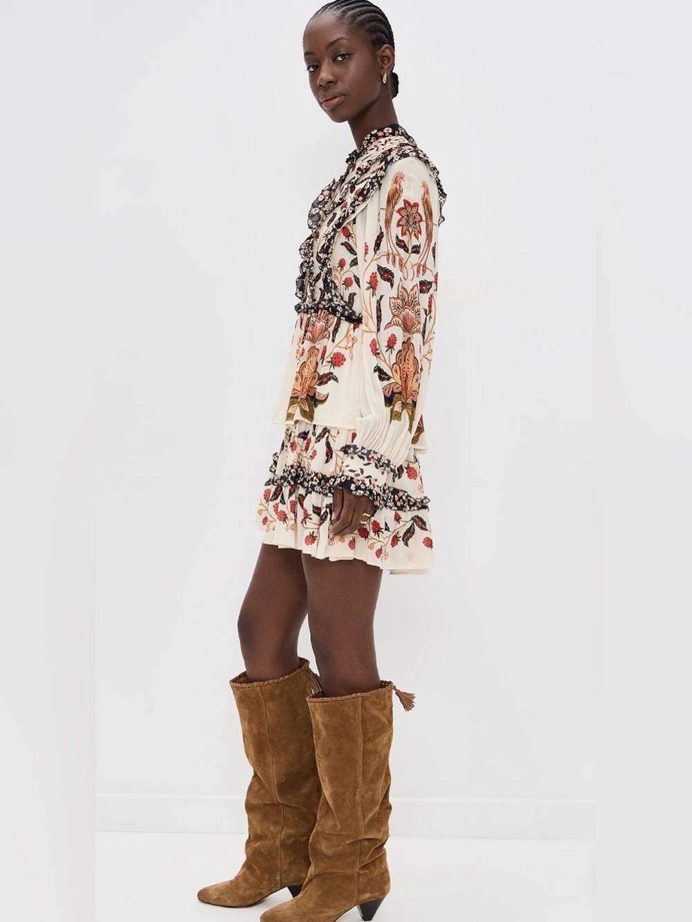 FARM Rio Cream Floral Long-Sleeve Tiered Ruffle Mock Neck Dress XL - Picture 3 of 9